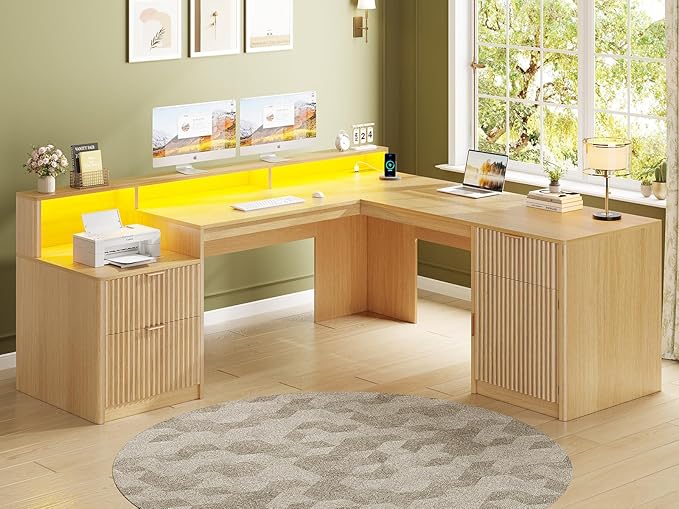 SEDETA 66" Modern L Shaped Desk with Drawers, Fluted Home Office Desk with File Cabinet and Printer Shelf, Wood Executive Desk with Monitor Stand, Power Outlets, Led Lights, Oak