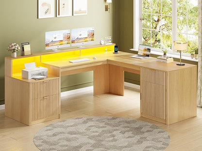 SEDETA 66" Modern L Shaped Desk with Drawers, Fluted Home Office Desk with File Cabinet and Printer Shelf, Wood Executive Desk with Monitor Stand, Power Outlets, Led Lights, Oak