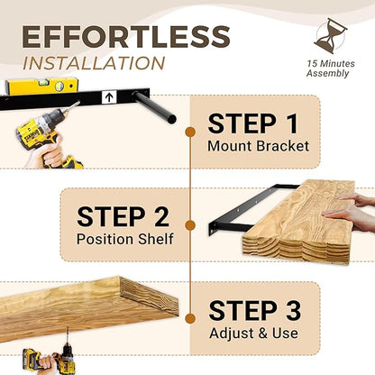 Howizz 24'' Pine Wood Floating Shelves for Wall- Set of 2 - Rustic Wall Mounted Wooden Shelf for Stylish Home Décor (Light Walnut, 24x6.5x1.25), 2pcs