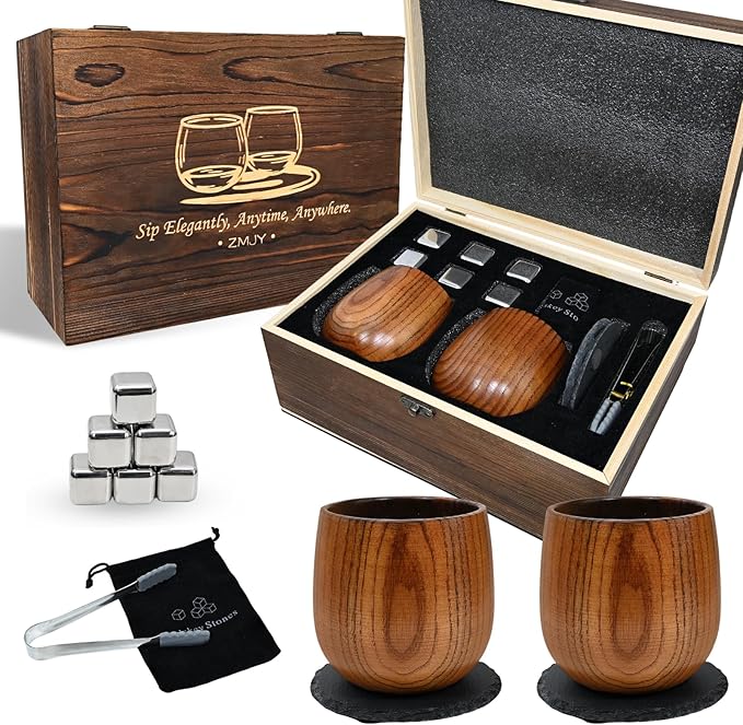 Charred Wooden Bourbon Drinking Glass 300 ML Set with Whiskey Stones, Gift Box, Tongs & Coasters – Unbreakable Oak Whiskey Cups for Bourbon Lovers, Ideal Gift for Dad, Men, Husband
