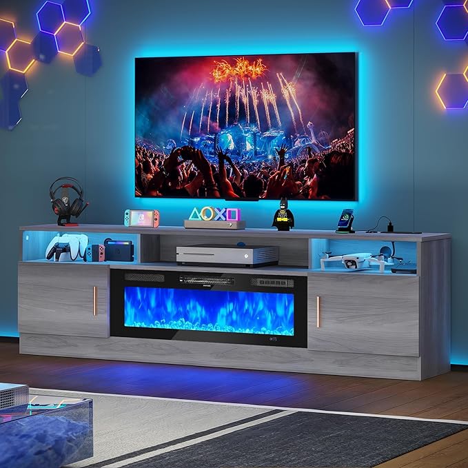 MXV 70" Fireplace TV Stand with Power Outlet for TVs UP to 80", Electric Fireplace Entertainment Center with LED Lights & Storage Cabinets, TV Console for Living Room, Office, Grey-Black