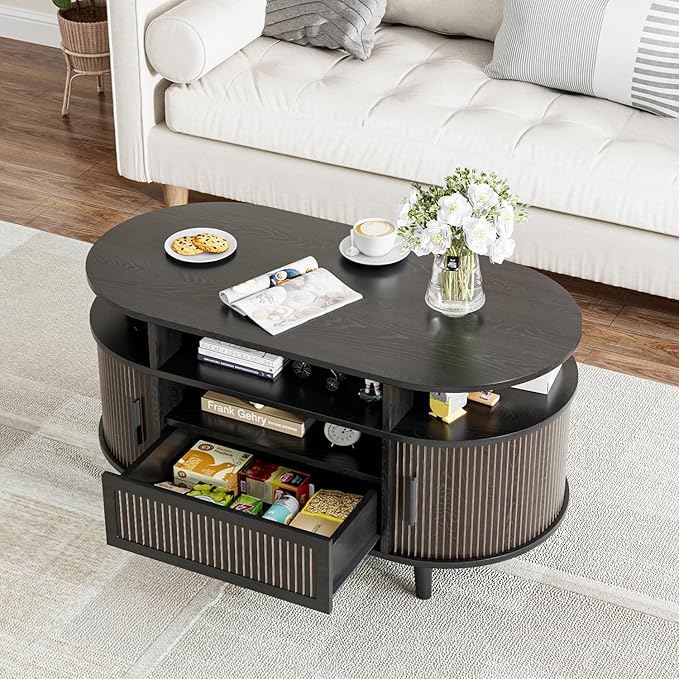 39" Fluted Coffee Table, Coffee Tables with Storage, Oval Coffee Table for Living Room, Center Table with Tambour Doors, Black Coffee Tables for Apartment, Office