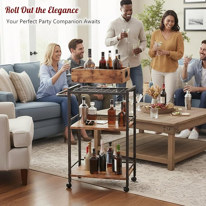 VonDream 3-Tier Bar Cart for The Home, Rolling Cart with Wheels and Handle, 3-Tier Serving Cart with Removable Tray, Kitchen Carts on Wheels with Storage
