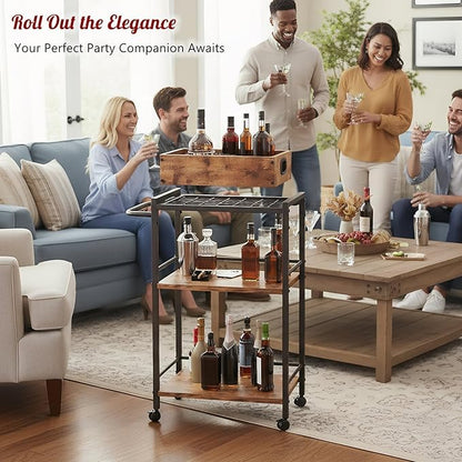 VonDream 3-Tier Bar Cart for The Home, Rolling Cart with Wheels and Handle, 3-Tier Serving Cart with Removable Tray, Kitchen Carts on Wheels with Storage