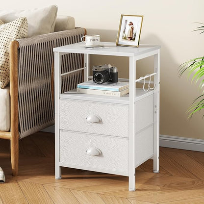 Furologee Nightstands Set of 2, End Table with 2 Fabric Drawers, Night Stand with 2 Hooks, Open Wood Shelf Bedside Table for Bedroom/Living Room/White
