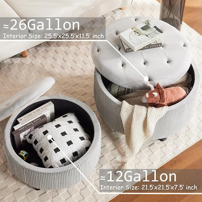 29&24.5inch Large Round Storage Ottoman Coffee Table Set of 2 Modern Button Storage Coffee Table with Removable Lid for Living Room Upholstered Footrest Stool for Bedroom (Large-Light Grey)