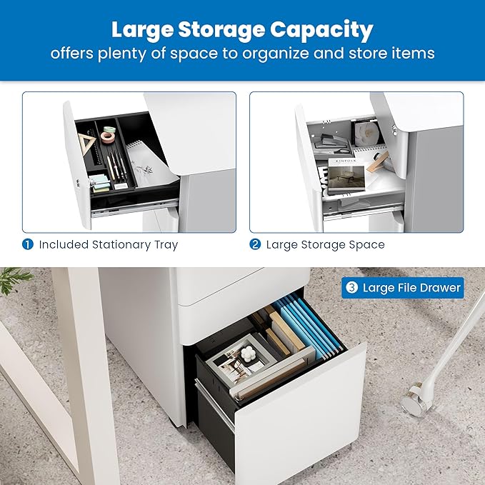 Mount-It! Slim Rolling File Cabinet, Under Desk Mobile Filing Cabinet with 3 Drawers and Lock, Steel Storage for Home Office and Small Business, White