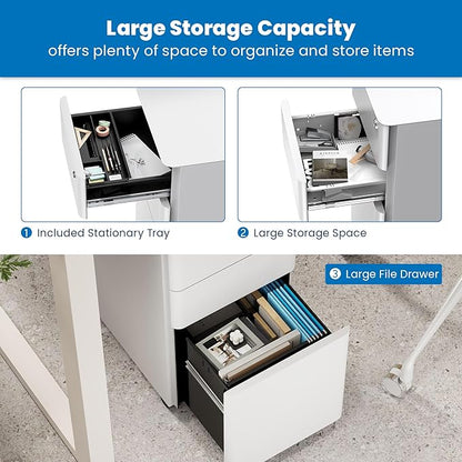 Mount-It! Slim Rolling File Cabinet, Under Desk Mobile Filing Cabinet with 3 Drawers and Lock, Steel Storage for Home Office and Small Business, White