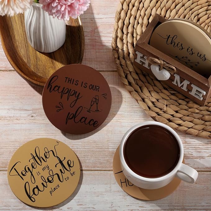 Queekay Coasters Set of 6 House Warming Gifts New Home Wooden Farmhouse Drink Coasters with Holder 4'' Funny Decoration for Kitchen Family Coffee Bar Tabletop Protection(Brown)