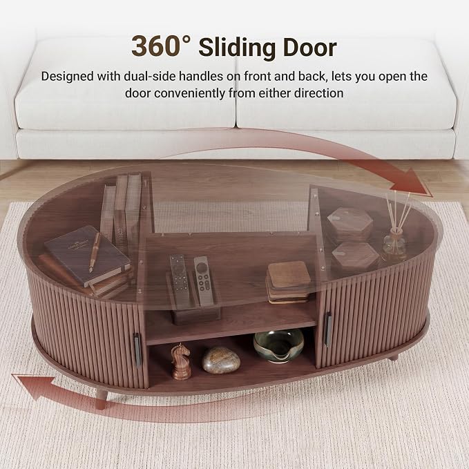 Seang Fluted Coffee Table with Storage,39" Oval Coffee Table with Dual Sliding Doors,Wooden Center Table for Living Room Home Office,Walnut
