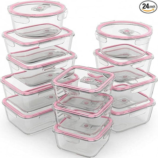 Razab 24 Pc Airtight Glass Food Storage Containers - Glass Meal Prep Containers - Freezer to Oven Safe - Steam Release Valve BPA Free - Airtight Bento Boxes - Leak Proof (12 lids & 12 Containers)