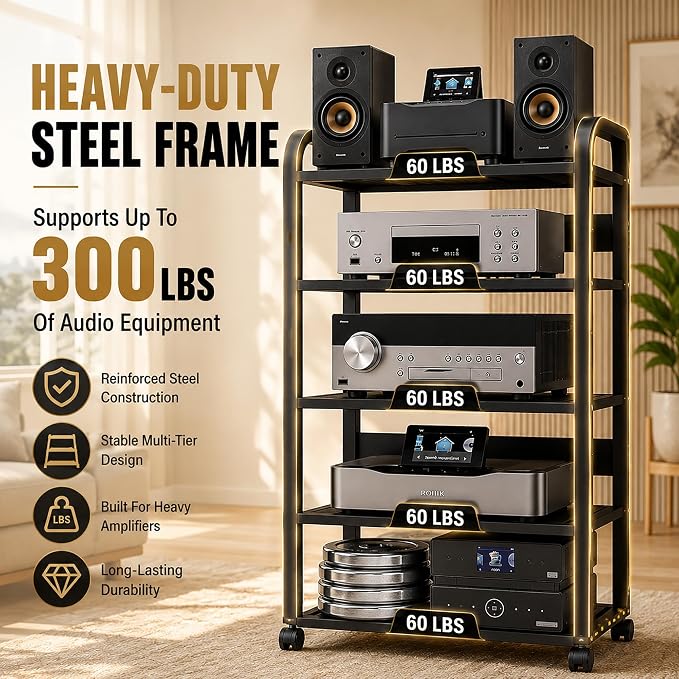 5-Tier Av Media Stand with Wheels, Audio Tower Rack with Adjustable Shelves, Stereo Racks and Stands with Storage Shelves, Media Console for Home, Office, Theater, Black