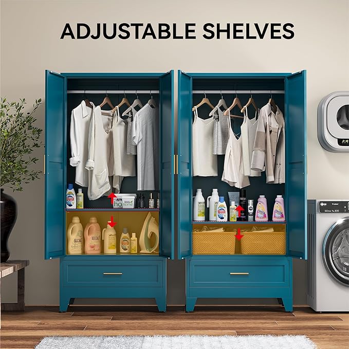 COFaR Metal Wardrobe Closet, 71" Armoire Cabinet with Drawer & Hanging Rod, Freestanding 2-Door Clothing Storage with Adjustable Shelf, Elegant Bedroom Organizer (Peacock Blue)