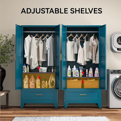 COFaR Metal Wardrobe Closet, 71" Armoire Cabinet with Drawer & Hanging Rod, Freestanding 2-Door Clothing Storage with Adjustable Shelf, Elegant Bedroom Organizer (Peacock Blue)
