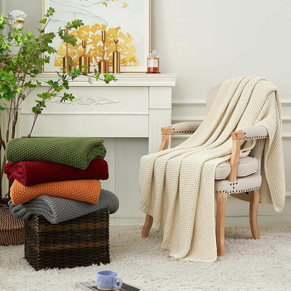 Longhui bedding Chunky Cable Knit Throw Blanket Lightweight Wine red 100% Organic Cotton Blanket for Sofa Couch Bed Baby Nursery, Rustic Shabby Chic Modern Farmhouse, 60” x 80” Give Laundering Bag