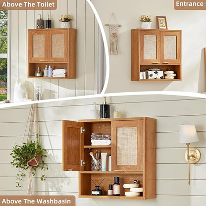 LEYAOYAO Rattan Bathroom Wall Cabinet, Boho Medicine Cabinet with Adjustable Shelf & Doors, Over The Toilet Storage Cabinets Organizer for Laundry Room, Kitchen, Living Room, Tea Brown
