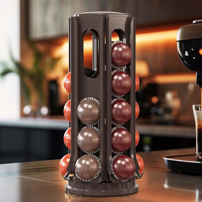 Deco Brothers VertuoLine Pod Holder, 360° Turntable Rotating Pod Carousel Organizer Compatible for Nespresso Pods, Brown
