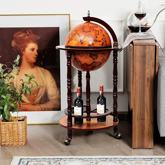 LDAILY 17.5’’ Wood Globe Bar, 16th Century Italian Replica Vintage Bar Cart with Wheels, Wine Cabinet with Liquor Storage, Bottom Shelf & Old World Map, Round Bar Cart for Home (Retro Brown)