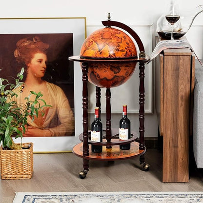 LDAILY 17.5’’ Wood Globe Bar, 16th Century Italian Replica Vintage Bar Cart with Wheels, Wine Cabinet with Liquor Storage, Bottom Shelf & Old World Map, Round Bar Cart for Home (Retro Brown)