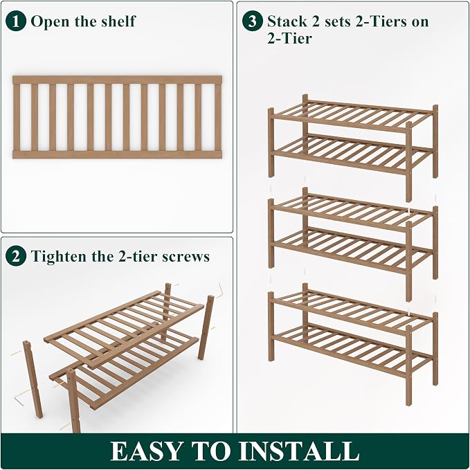 Smiry Bamboo Shoe Rack, 6 Tier Free Standing Wooden Shoe Organizer, Stackable Wood Shoe Storage Shelf for Closet, Entryway, 14 Vertical Slats, 2+2+2 Stack Heavy-Duty Legs, 26.8"x11"x39", Walnut