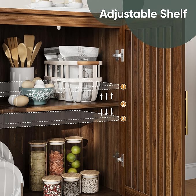 Sideboard Cabinet, 31.5" W Farmhouse Buffet Cabinet with Slatted Doors & Adjustable Shelf, Wood Coffee Bar Storage Station for Kitchen, Dining Room, Living Room, Entryway, Walnut Color