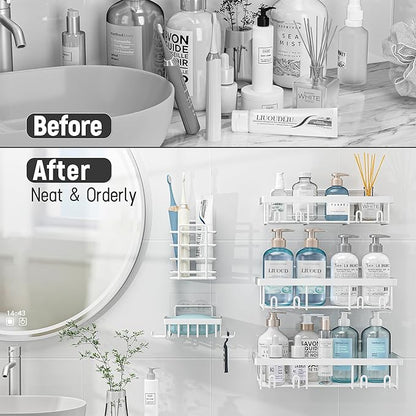 Liuoud 5 Pack Shower Caddy Organizer Rack Shelf for Inside Shower, Self Adhesive Wall Storage Basket Rustproof Stainless Steel Shampoo Holder Bathroom Accessory Decor Set, White