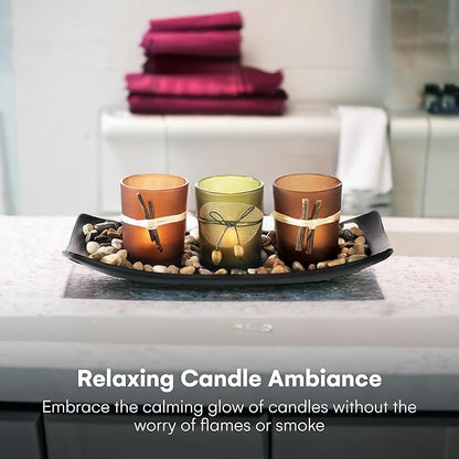 Dawhud Direct Decorative Votive Candle Holders, Vintage Decor Flameless Candlescape Set, 3 LED Tea Light Candles, Rocks and Tray - Fall Table Decor (Earth Tones) (Pack of 2)