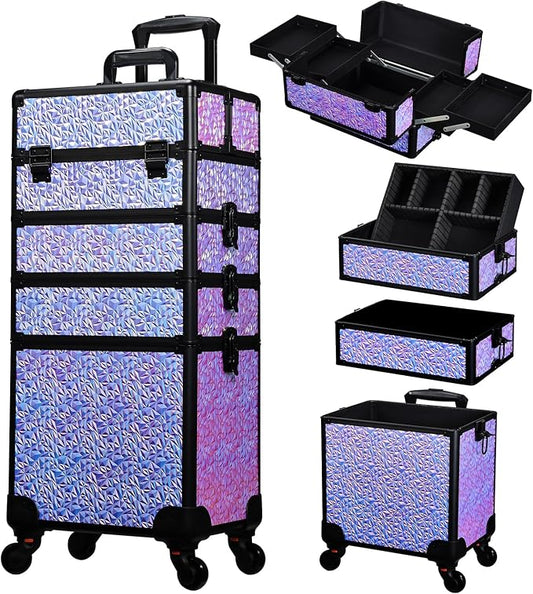 Stagiant Rolling Makeup Case Cosmetology Case on Wheels 4 in 1 Makeup Travel Case Extra Large Cosmetic Box with Key Make Up Artist Traveling Storage Nail Case Salon Barber Cart Trunk Shiny Purple