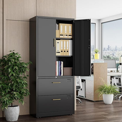 2 Drawer File Cabinet with Lock,Metal Filing Cabinet with Doors for Home Office School for Hanging Letter/Legal/F4/A4 Size Folders,Required Assembly,Black