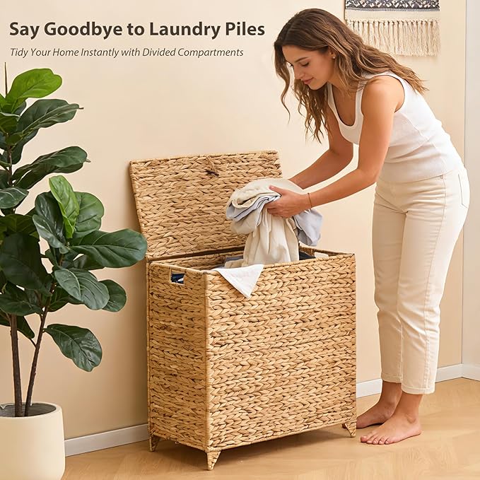 Large Laundry Hamper with Lid, Handwoven Natural Water Hyacinth Heightened Feet Laundry Basket, 2-Sections Wicker Clothes Hamper with Removable Liner Bag (Natural, 120L)