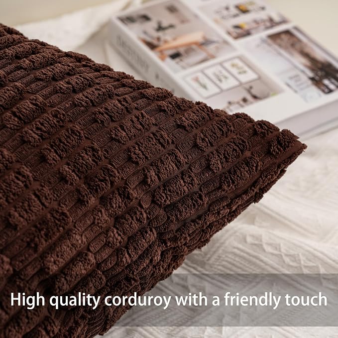 Aegero Pack of 2 Corduroy Decorative Throw Pillow Covers 12x20 InchSoft Boho Striped Pillow Covers Modern Farmhouse Home Decor for Sofa Living Room Couch Bed（Dark Brown）