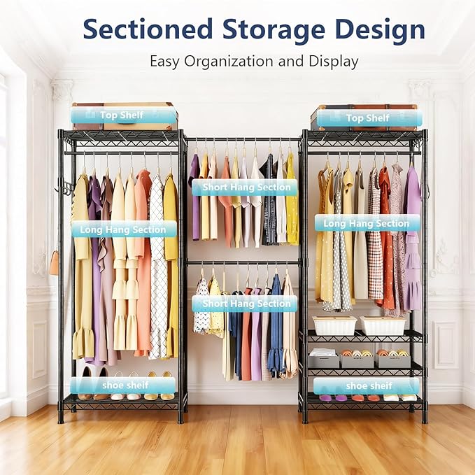 Heavy-Duty Clothes Rack, Expandable Closet Storage Unit with 6 Shelves and 4 Hanger Rods, Freestanding Bedroom Wardrobe Closet, Black