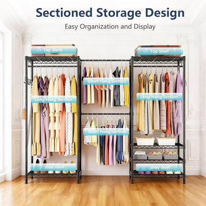 Heavy-Duty Clothes Rack, Expandable Closet Storage Unit with 6 Shelves and 4 Hanger Rods, Freestanding Bedroom Wardrobe Closet, Black