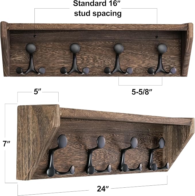 SKOLOO Wall Shelf with Hooks, 24-Inch, Weathered Brown | Coat Rack Wall Mount with Shelf, Heavy Duty, 4 Tri Hooks, Perfect for Entryway, Hallway, Living Room, Bedroom, Mudroom