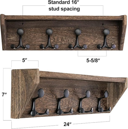 SKOLOO Wall Shelf with Hooks, 24-Inch, Weathered Brown | Coat Rack Wall Mount with Shelf, Heavy Duty, 4 Tri Hooks, Perfect for Entryway, Hallway, Living Room, Bedroom, Mudroom