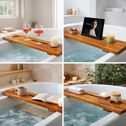Teak Bathtub Tray for Tub, 40" Solid Teak Wood Bath Caddy Tray with Tablet & Wine Glass Holder, Water-Resistant Bath Tub Tray Wood for Spa Bathroom Accessories