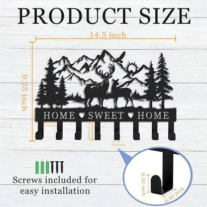 Deer Metal Key Holder for Wall, 14.5" X 9.2", Key Hooks for Wall Organizer, Key Rack, Forest Theme Coat Hat Towel Hooks, Ideal for Living Room, Hallway, Office