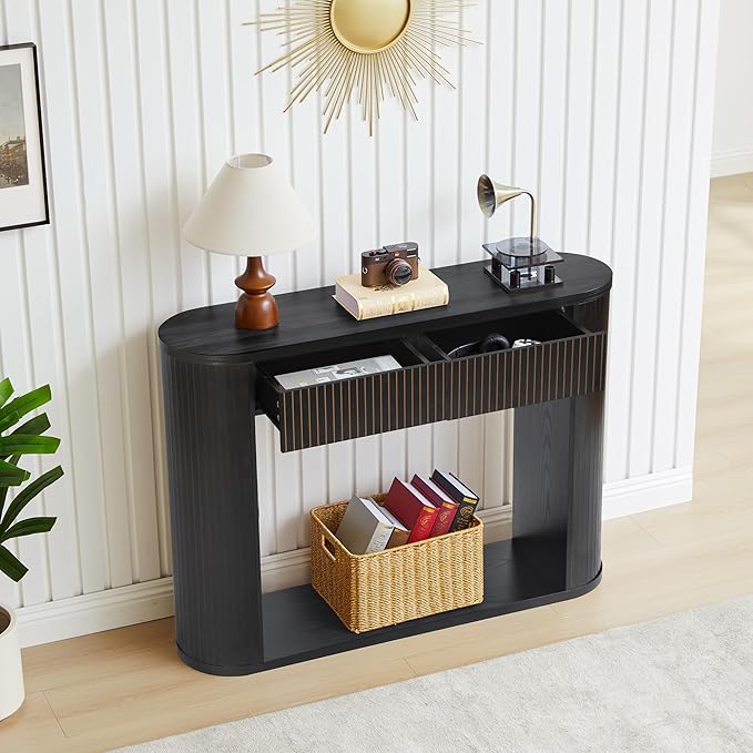 42.5” Console Table with 2 Drawers, Fluted Entryway Table with Rounded Corners, Rectangular Sofa Table Behind Couch for Living Room, Hallway, Foyer (Black)