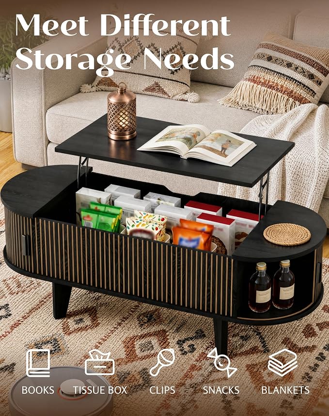 Oval Coffee Table with Storage, 47.2" Fluted Lift Top Coffee Table with 180° Sliding Tambour Door, Mid Century Modern Center Table for Living Room, Office, Cafe, Black