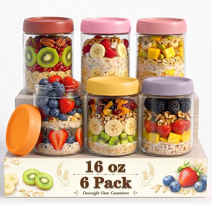 16 oz Mason Jars, 6 Pack Air Tight Overnight Oats Jars, Chia Pudding Glass Jars with Lids, Parfait Cups with Lids, Sugar Bowls, Glass Storage Jar for Yogurt, Snack, Food, Prep Meal, Breakfast