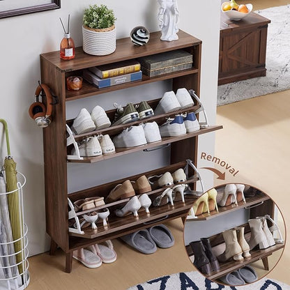 Shoe Storage Cabinet with 2 Flip Drawers, Farmhouse Shoes Organizer for Entryway, Narrow Hidden Shoe Rack with Legs & Open Storage, Freestanding Shoe Closet for Foyer, Hallway, Brown Walnut