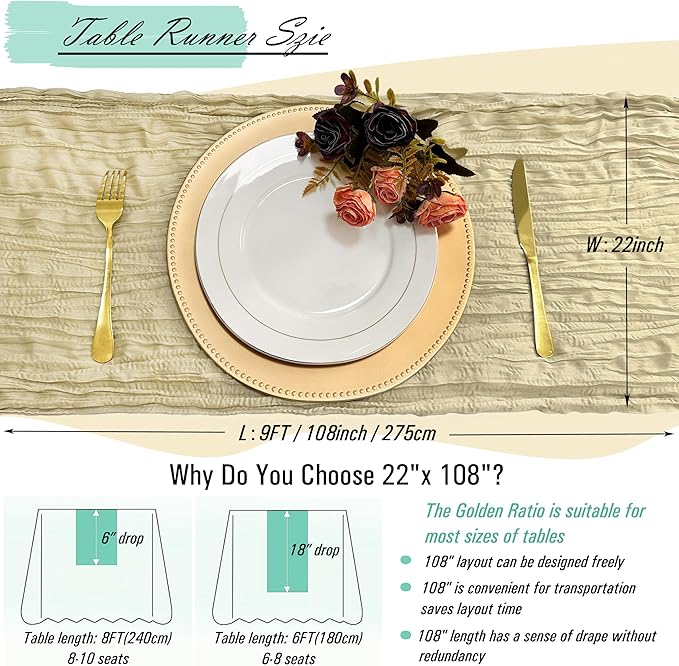 16 Pack Champagne Cheesecloth Table Runner 22 x 108 inch Gauze Cheese Cloth Cream Table Runner Bulk for Rustic Wedding Baby Shower Birthday Party Boho Table Decor