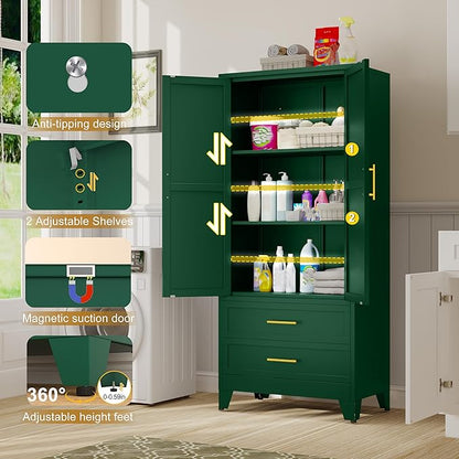Steel Pantry Cabinet, 71" Metal Storage Cabinets with 2 Doors, 2 Adjustable Shelf and 2 Drawers, Freestanding Storage Cabinet for Bedroom, Kitchen, Home Office (Green)