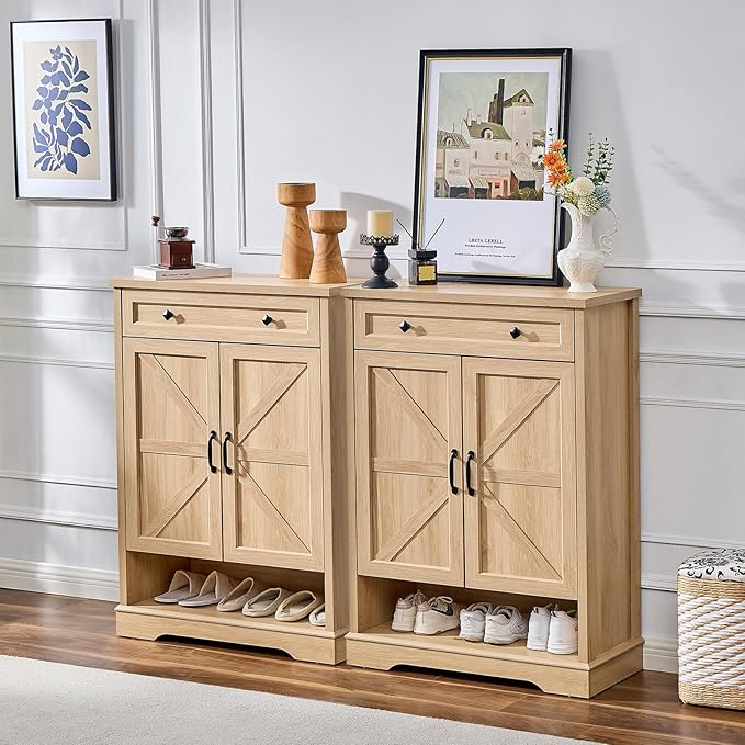 SOOWERY Shoe Cabinet with Drawer, Farmhouse Shoe Storage Cabinet with Doors, 5 Tiers Narrow Shoe Organizer for Entryway, Foyer, Hallway, Natural Oak