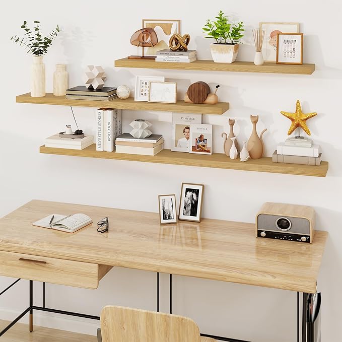 Fun Memories Floating Shelves for Wall, 48Inch Floating Shelves Set of 2, Hanging Shelf with Invisible Brackets, Wood Shelves for Living Room, Bedroom, Kitchen, Oak