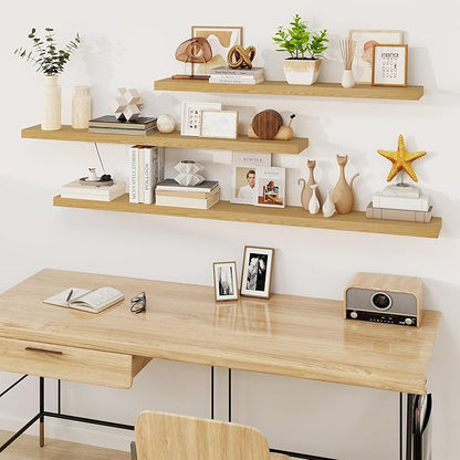 Fun Memories Floating Shelves for Wall, 48Inch Floating Shelves Set of 2, Hanging Shelf with Invisible Brackets, Wood Shelves for Living Room, Bedroom, Kitchen, Oak