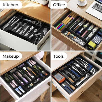 ukeetap Extra Large Expandable Silverware Organizer, BPA-Free Food-Safe Cutlery Flatware Organizer, Kitchen Utensil Drawer Organizer, Adjustable Silverware Holder for Spoons Forks Knives, Black