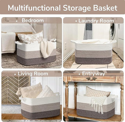 Goodpick Large Woven Storage Basket, 21.6"x14.9"x11.8", Blanket Storage for Bedroom and Living Room, Rectangle Rope Baskets for Storage, White Brown