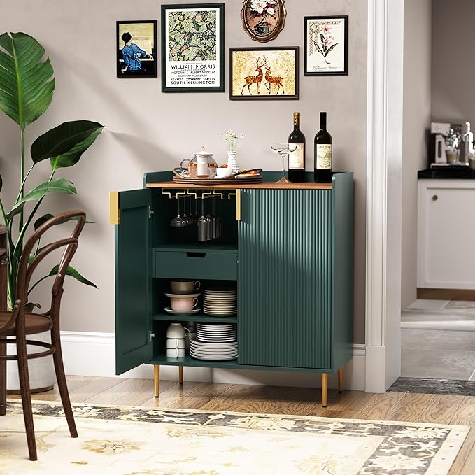 ARTPOWER Coffee Bar Cabinet with Wine Racks, Green Liquor Cabinet with Fluted Texture, Modern Sideboard Buffet Cabinet for Kitchen Dining Room, Living Room