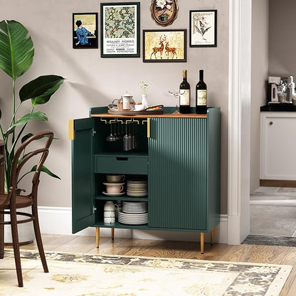 ARTPOWER Coffee Bar Cabinet with Wine Racks, Green Liquor Cabinet with Fluted Texture, Modern Sideboard Buffet Cabinet for Kitchen Dining Room, Living Room